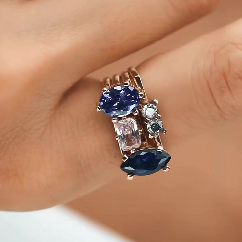 Blue Sapphire Oval, Radiant, Marquise & Round Cut Engagement Ring Set / 4-Piece