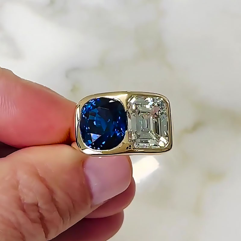 6.25ct Cushion&Emerald Cut Blue&White Sapphire Engagement Ring