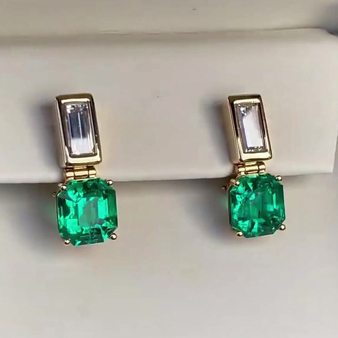 Emerald&Asscher Cut White&Emerald Sapphire Drop Earrings