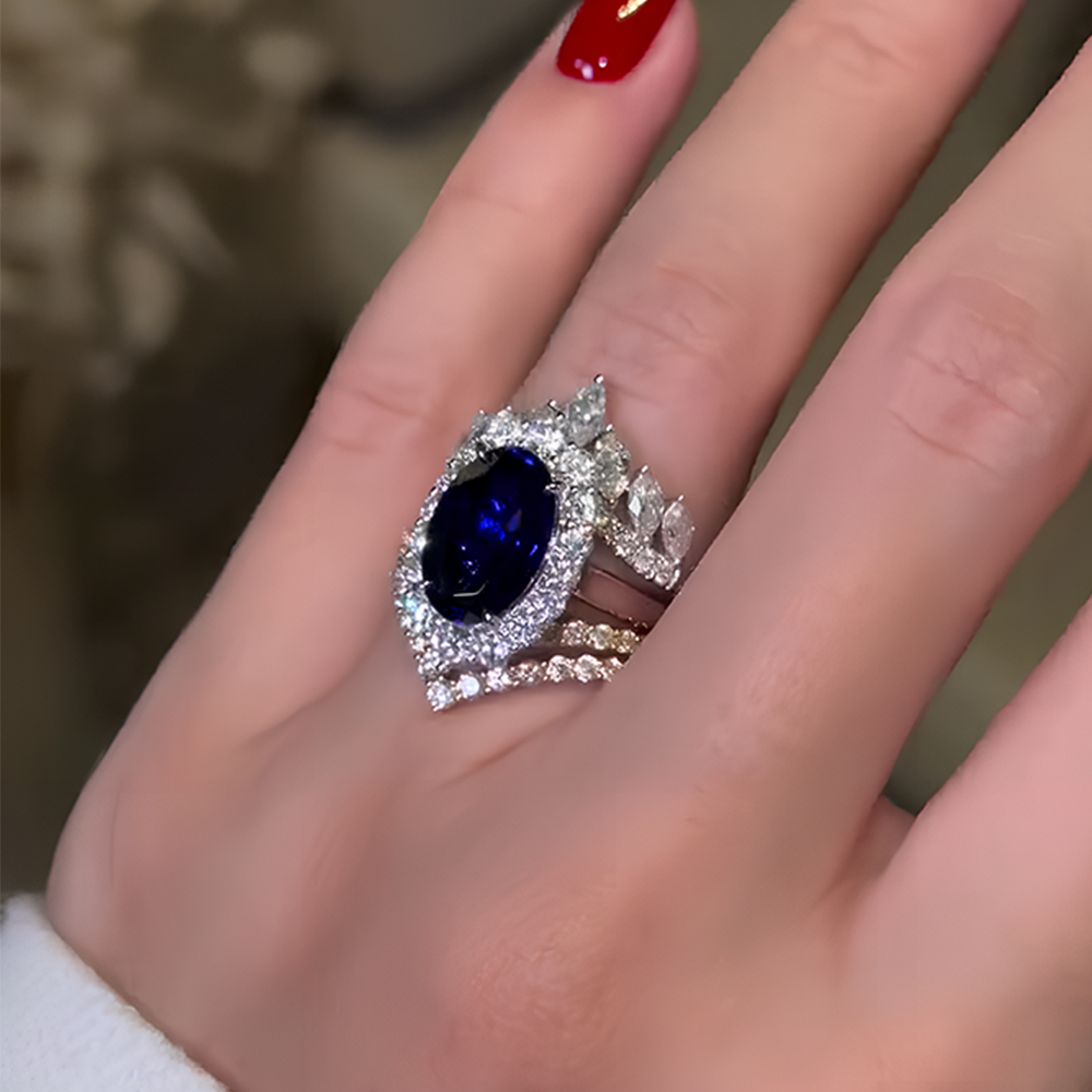 Halo 4ct Oval Cut Blue Sapphire Wedding Set/3pcs