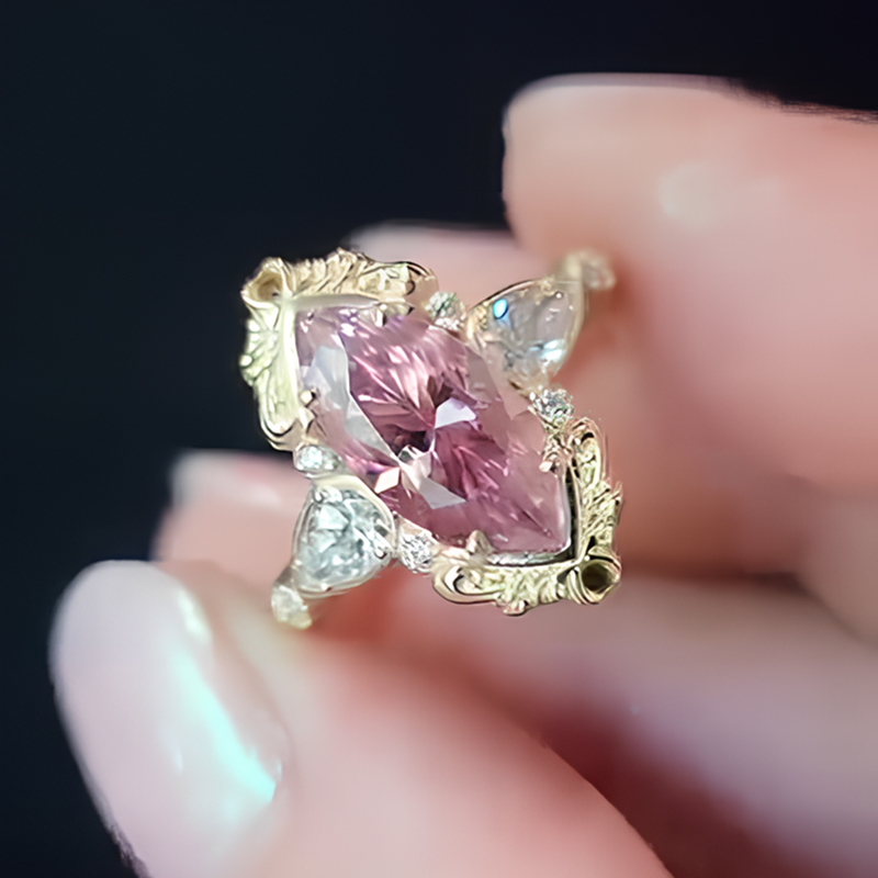 Vintage 1.5ct Marquise Cut Pink Sapphire Wedding Set