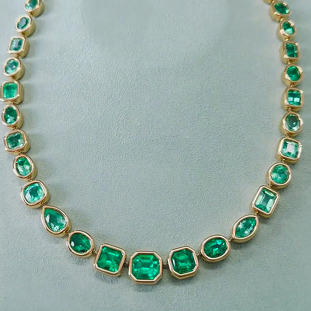 Bezel Setting Multi Cut Emerald Sapphire Necklace
