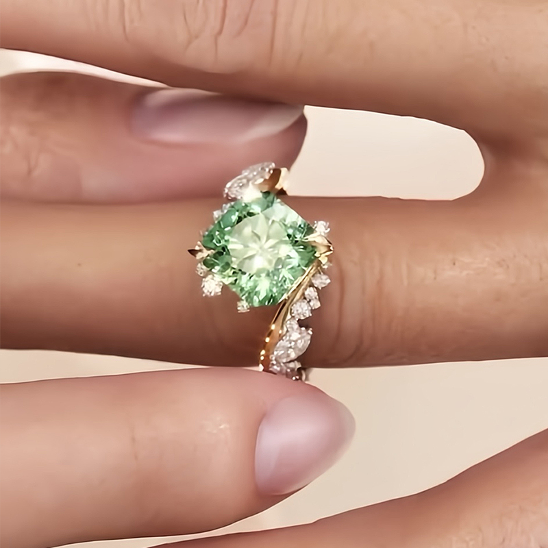 3ct Cushion Cut Mint Green Sapphire & White Sapphire Asymmetrical Cluster Ring