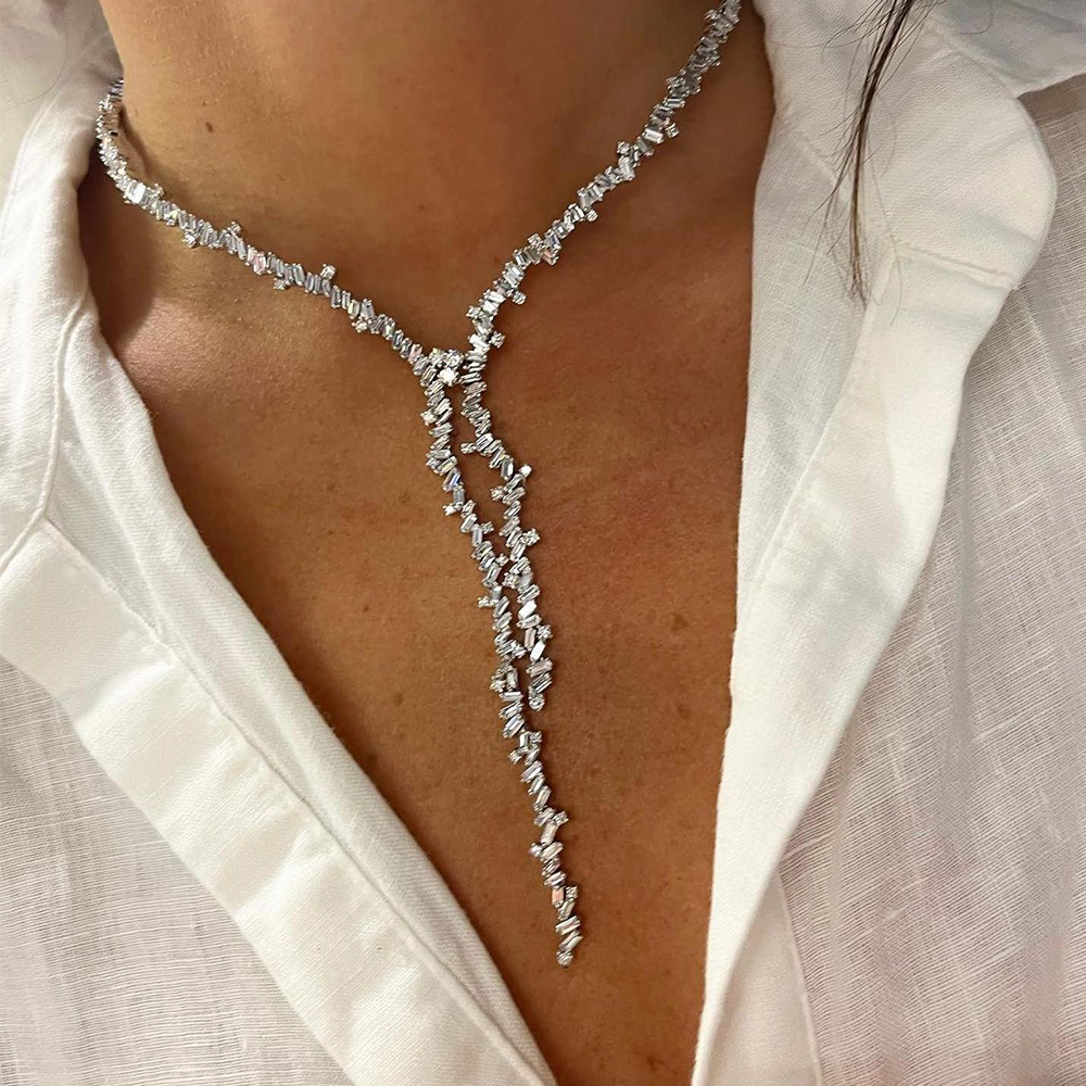 Shimmer Baguette Cut White Sapphire Lariat Necklace