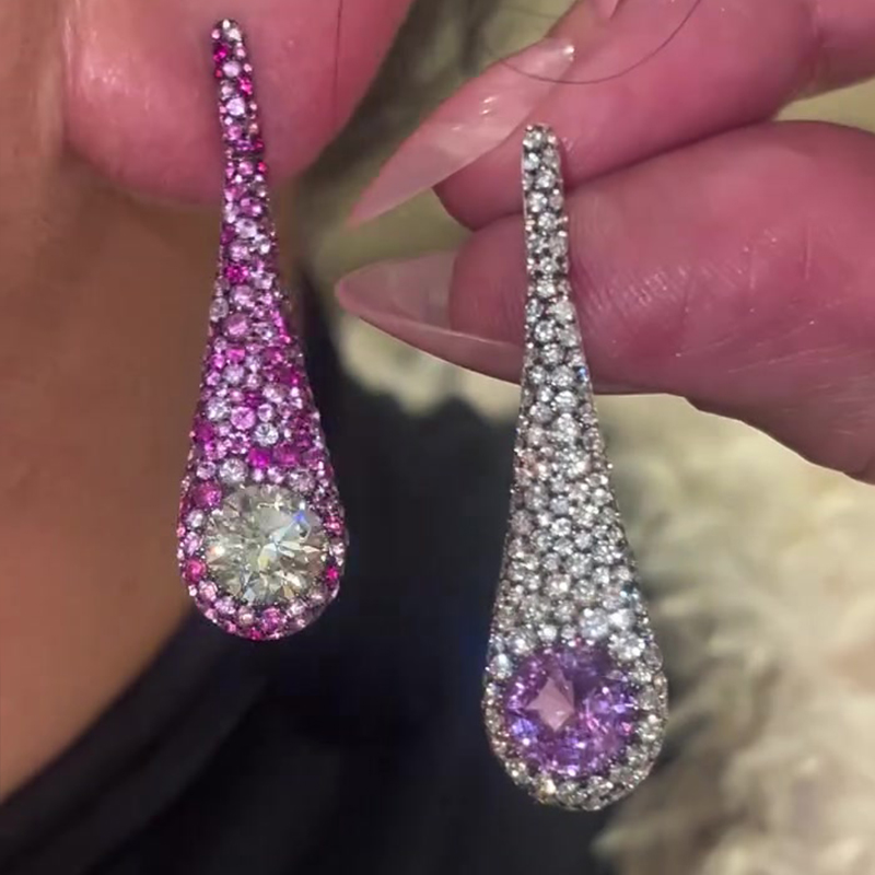 Asymmetrical style Pink&Amethyst&White Sapphire Drop Earrings
