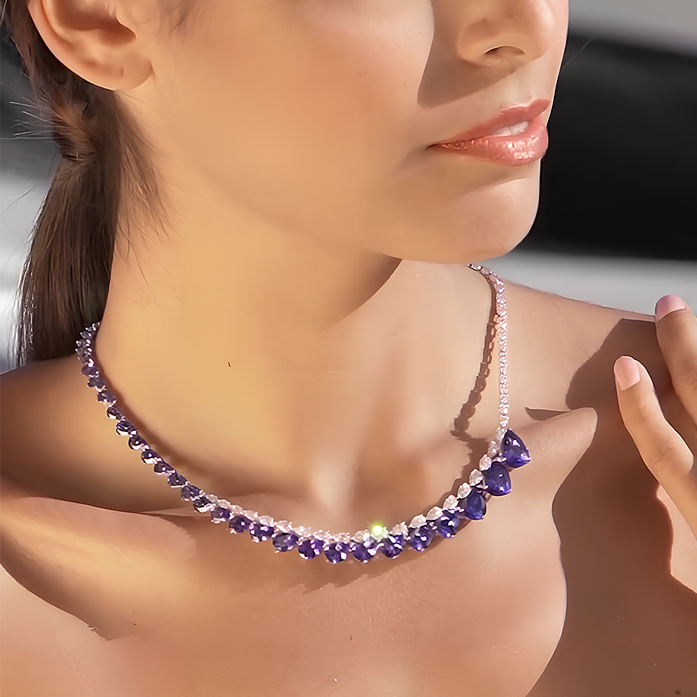 Two Tone Pear Cut Blue&White Sapphire Necklace