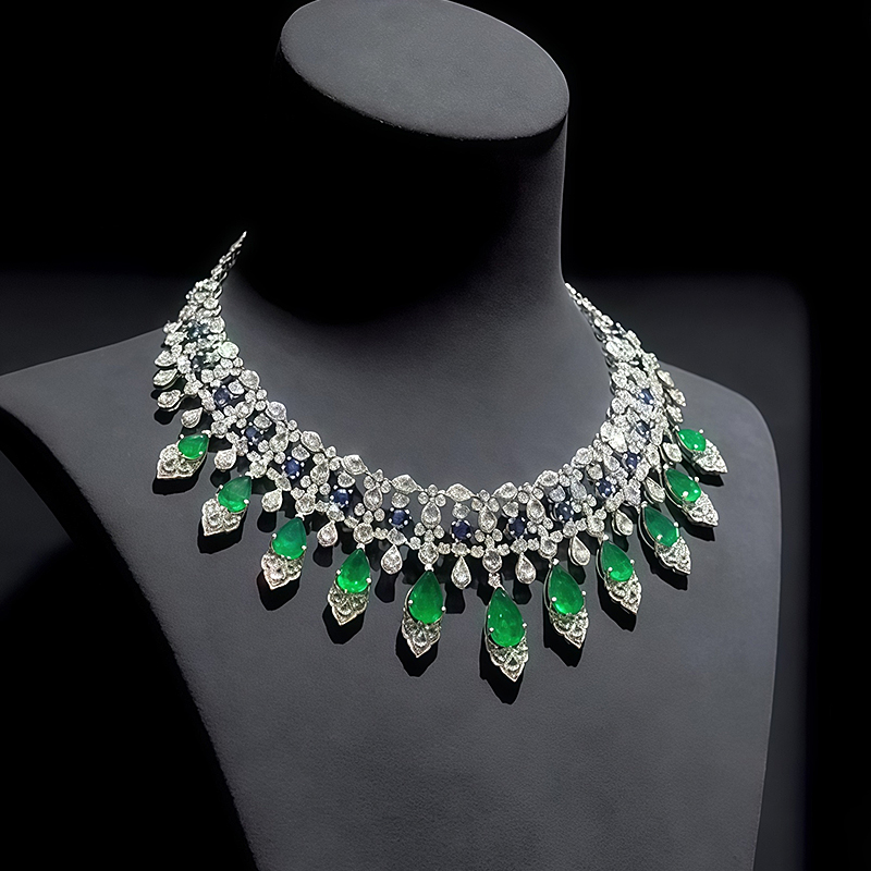 Emerald, Sapphire & White Sapphire Royal Fringe Choker Necklace