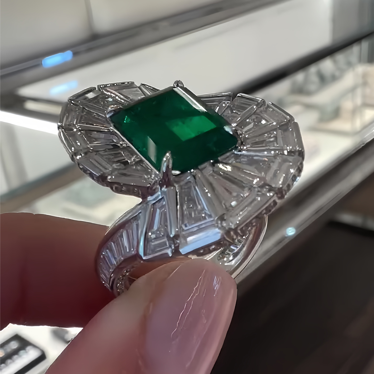 3ct Spiral Design Emerald Cut Emerald Sapphire Engagement Ring