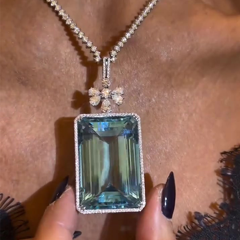 Halo Emerald Cut Aquamarine Sapphire Pendant Necklace