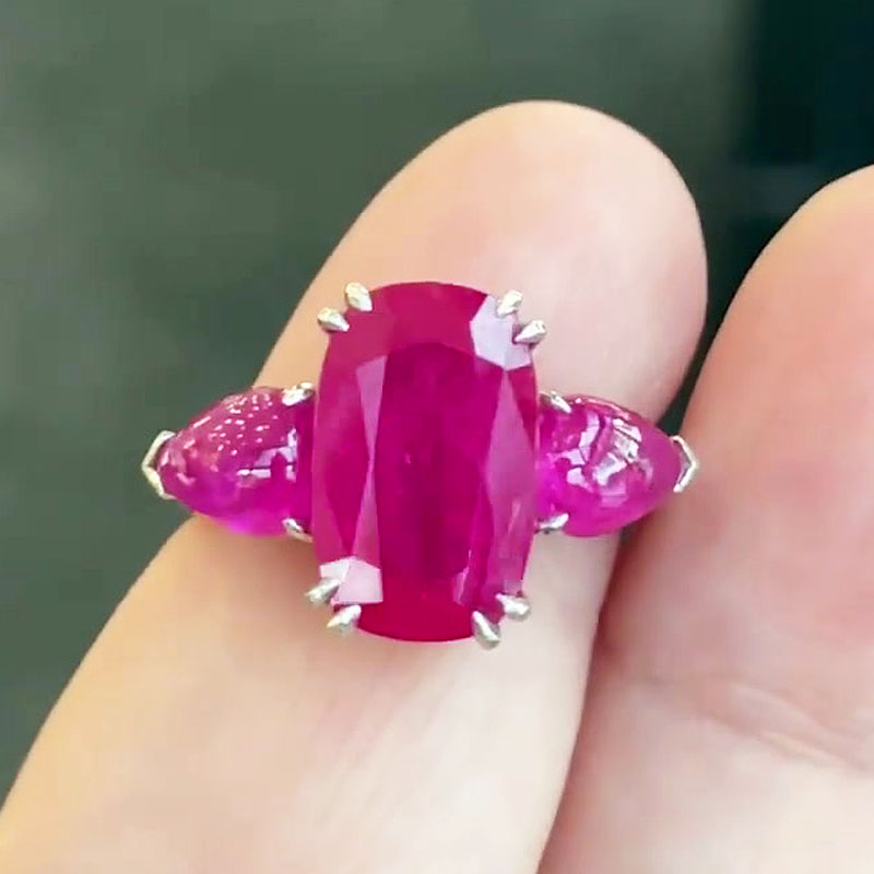 6ct Three Stone Elongated Cushion Cut Ruby Sapphire Engagement Ring