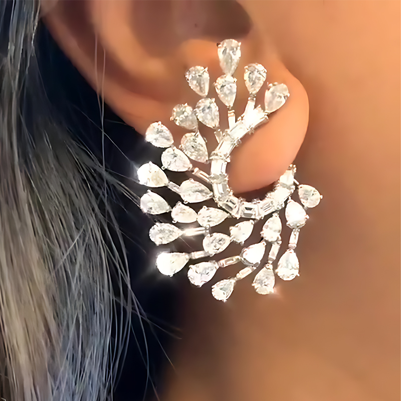 Peacock Feather Pear Cut White Sapphire Hoop Earrings