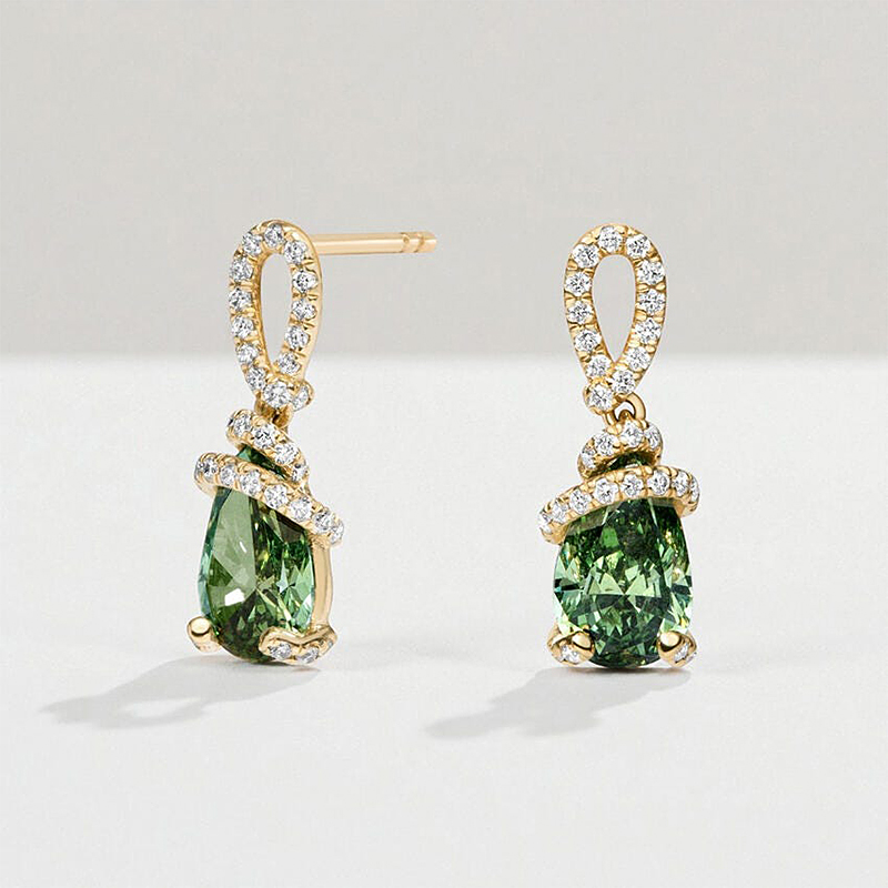 Twisted Pear Cut Forest Green Tourmaline & White Sapphire Pavé Drop Earrings