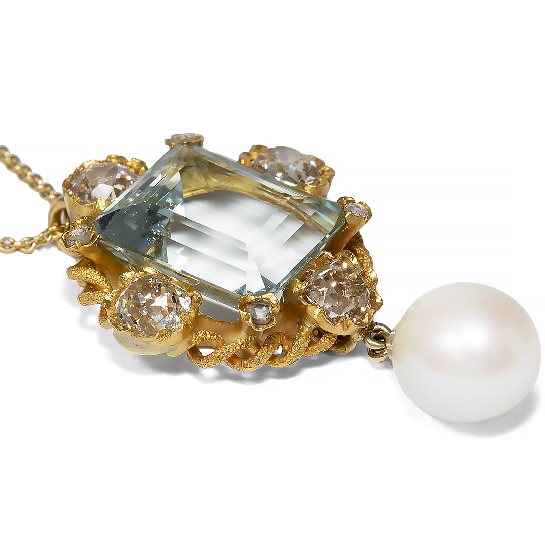 Emerald Cut Aquamarine&Pearl Sapphire Pendant Necklace