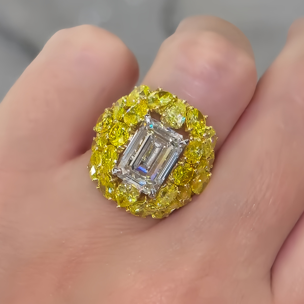 3ct Emerald Cut White Sapphire & Round Cut Yellow Sapphire Ring