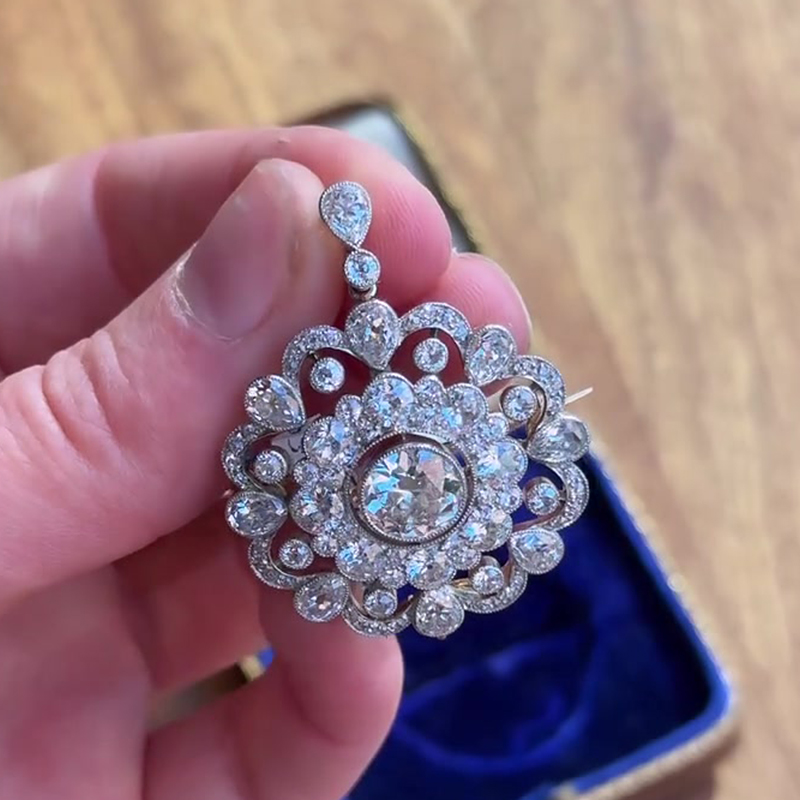 8ctw Round&Pear Cut White Sapphire Silver Filigree Brooch