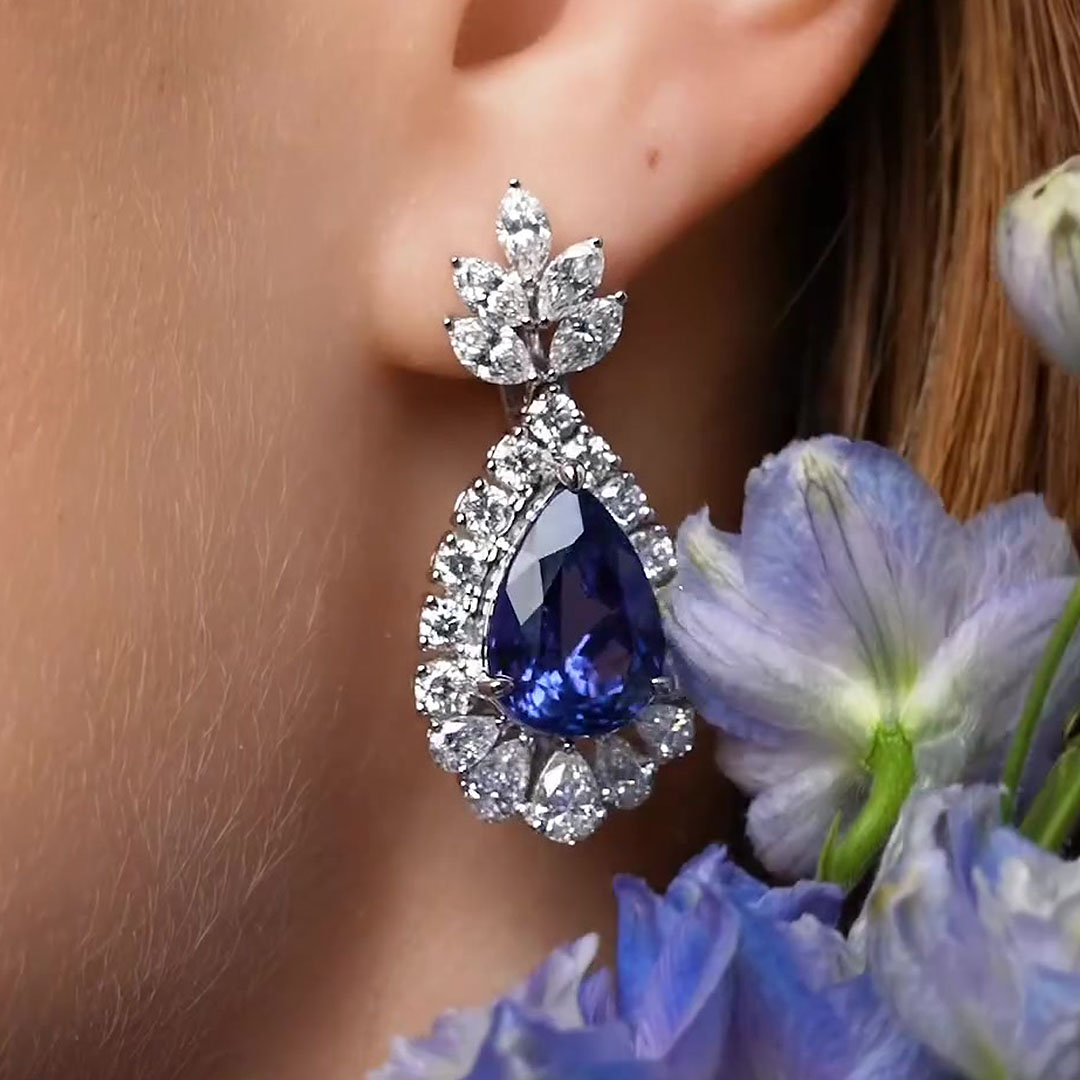 Art Deco White&Blue Sapphire Necklace&Earrings Set/2pcs