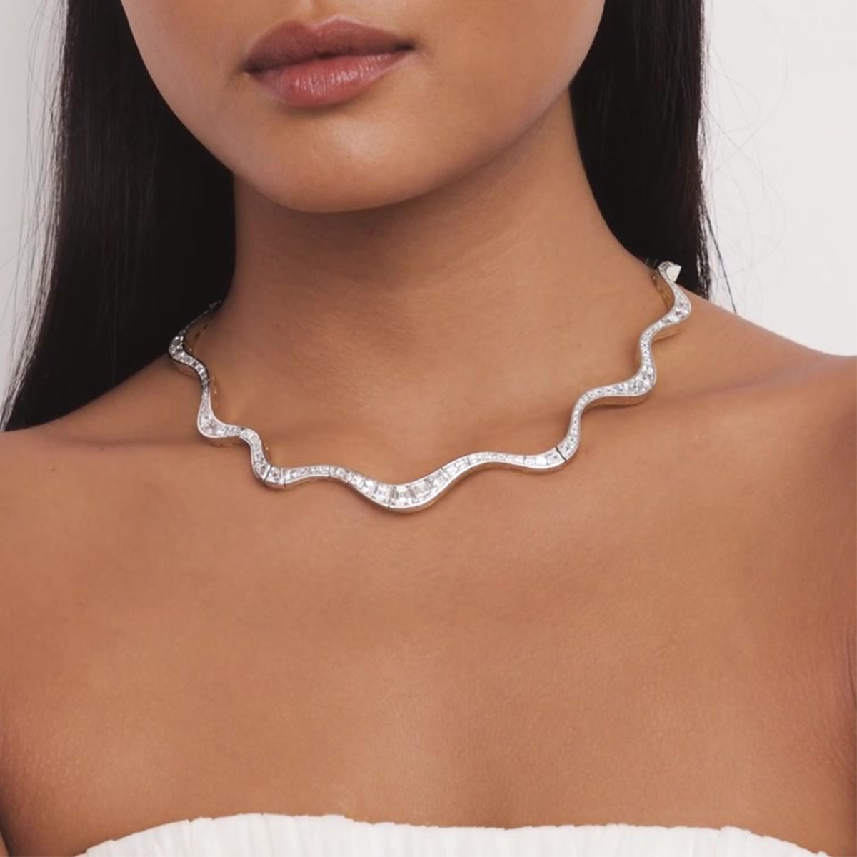 Emerald Cut White Sapphire Diamond Spaghetti Necklace