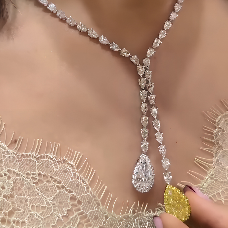 Two Tone Pear Cut Yellow&White Sapphire Lariat Necklace