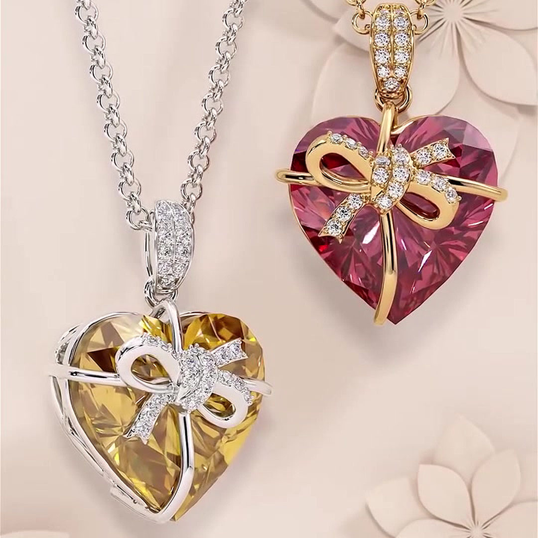 Bow Design Heart Cut Ruby Sapphire Pendent Necklace