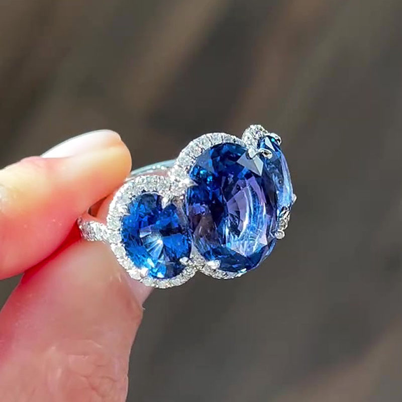 Fashion 7ct Three-stone Oval Cut Blue Sapphire Engagement Ring