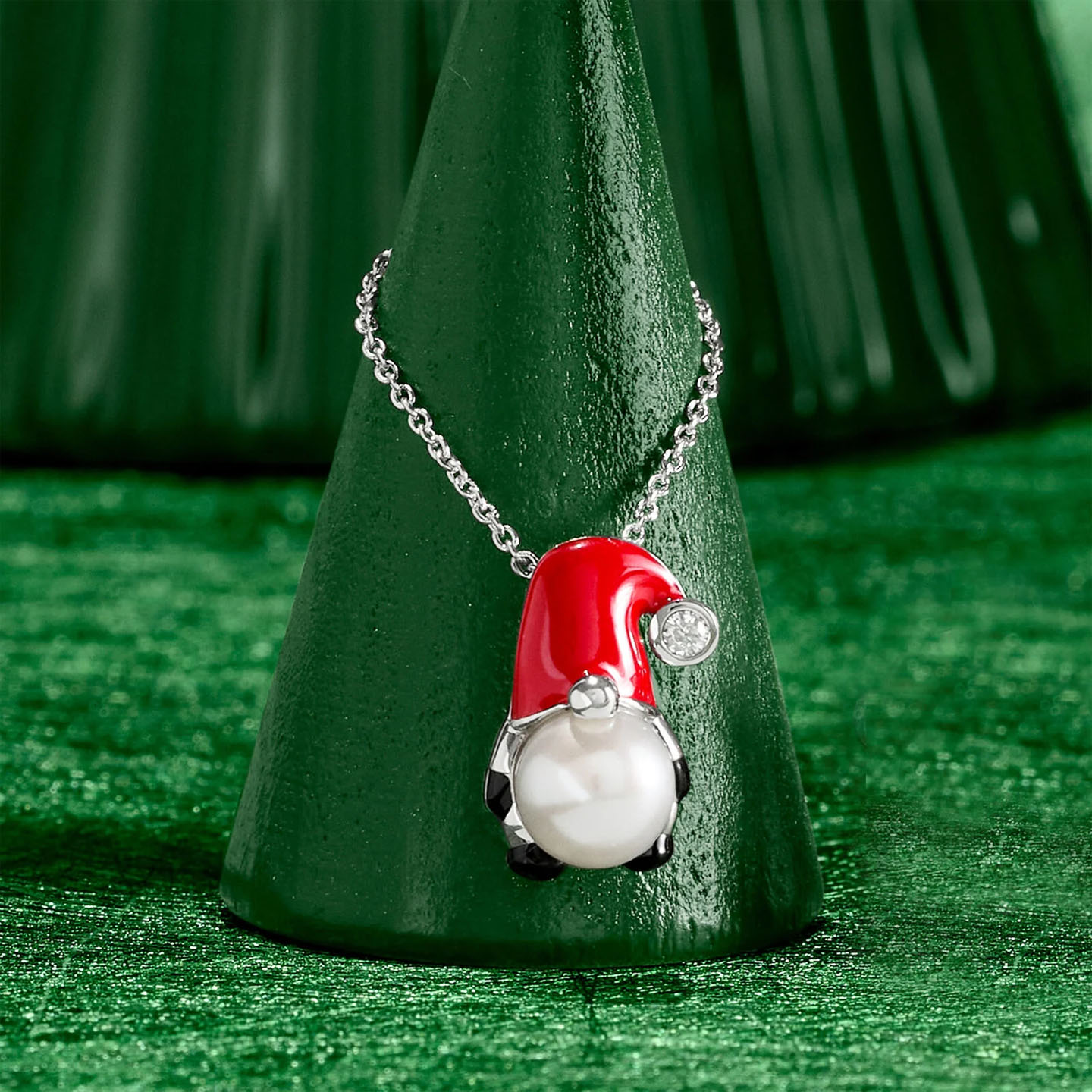 Pearl And Diamond Santa Gnome Pendant Necklace