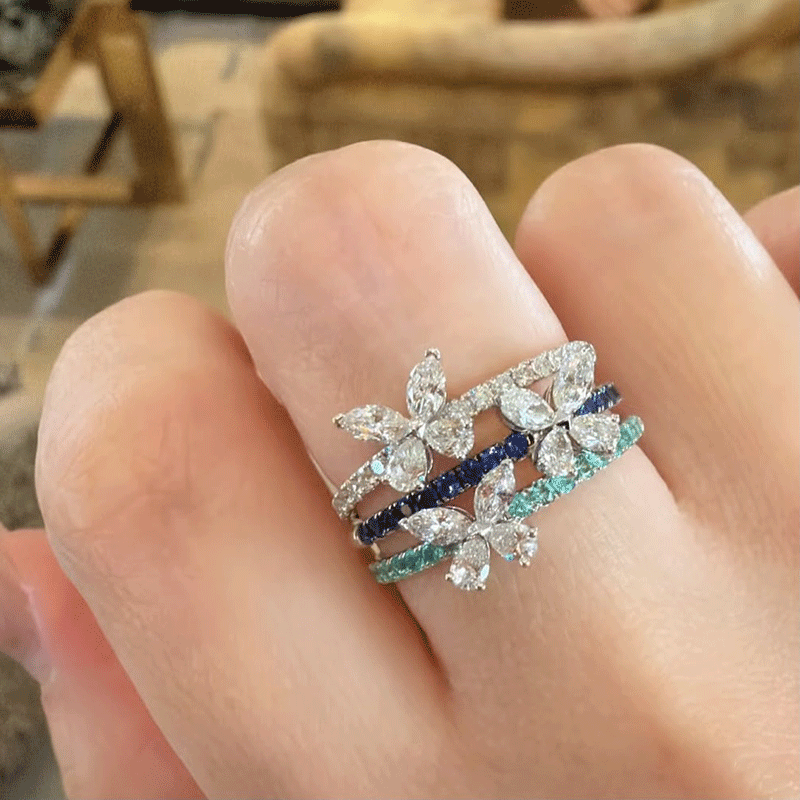 Pear & Marquise Cut White Sapphire Butterfly Shaped Stacked Wedding Set / 5 pc