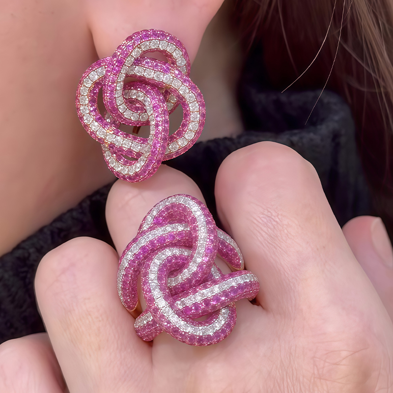 Ruby & White Sapphire Knot Jewelry Set (Earrings + Ring)