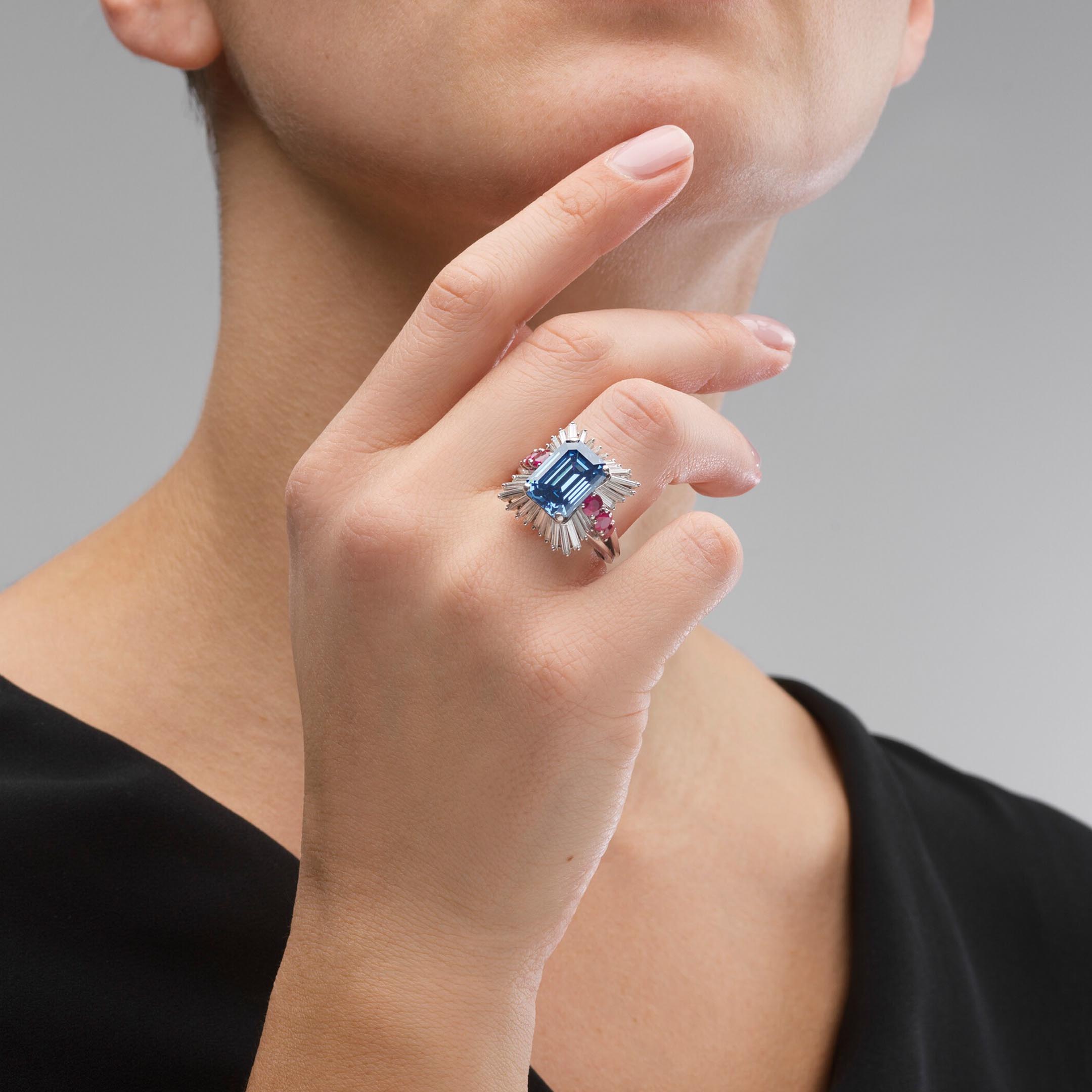 Luxury 6ct Emerald Cut Blue Sapphire Engagement Ring