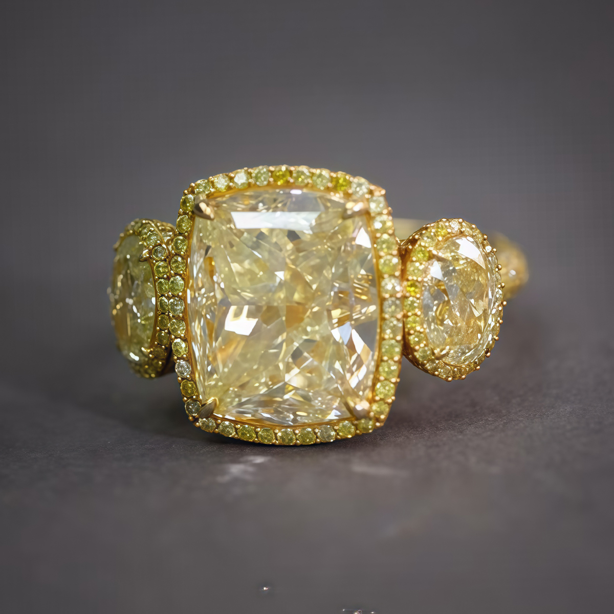 3ct Cushion Cut Yellow Sapphire Three Stone Ring