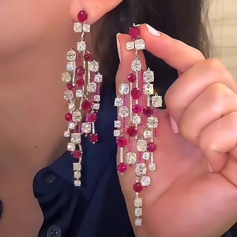 Ruby & White Sapphire Multi-Tier Chandelier Earrings