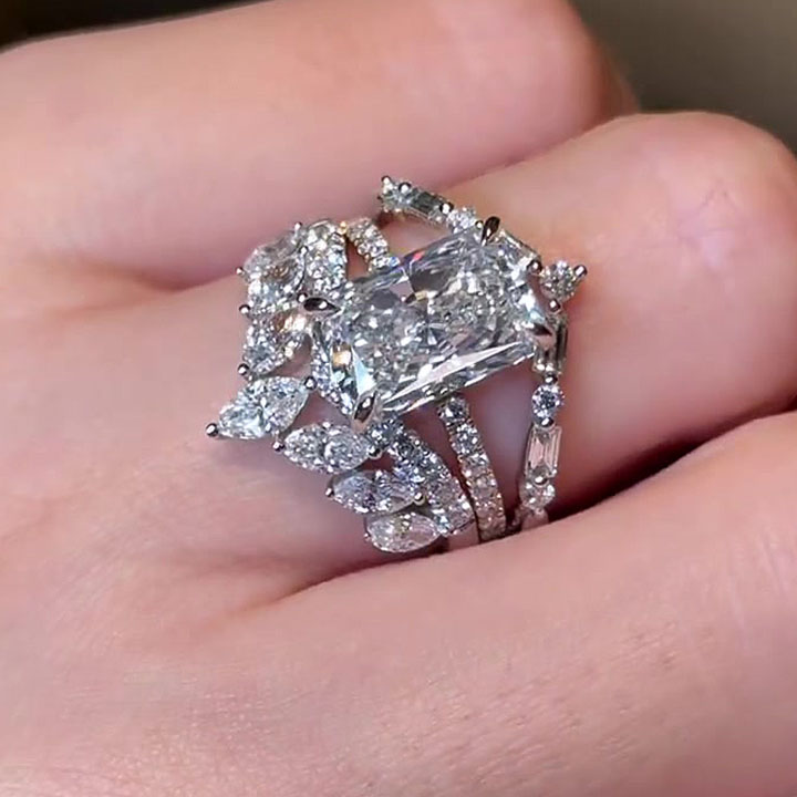 4ct Art Deco Emerald Cut White Sapphire Wedding Set/3pcs