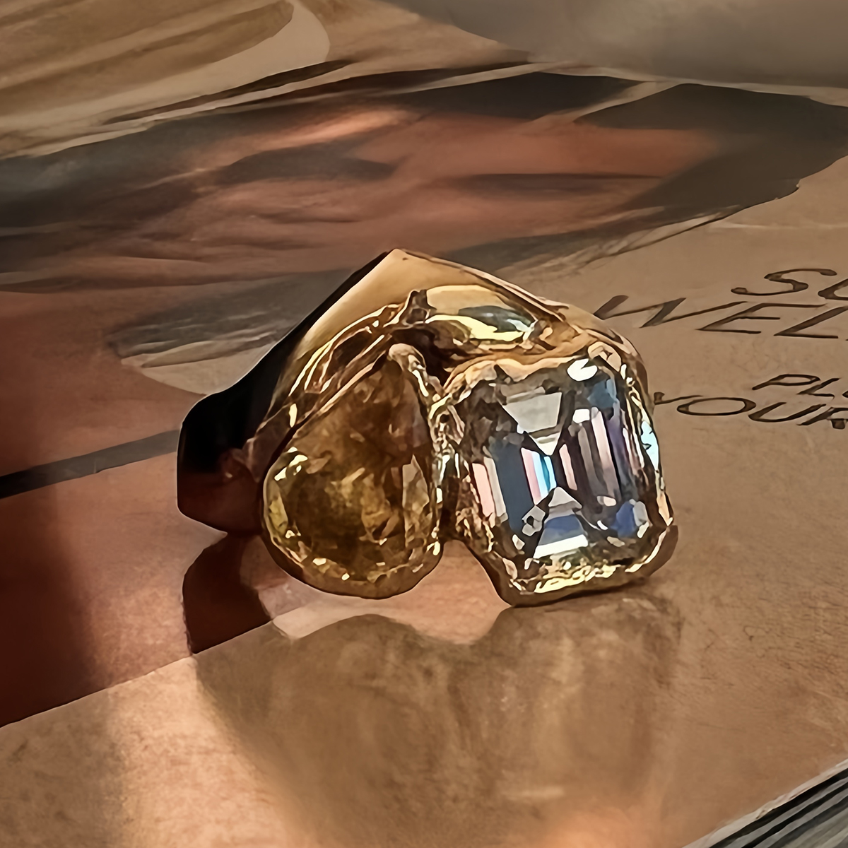 Toi et Moi Yellow & White Sapphire Emerald & Pear Cut Ring