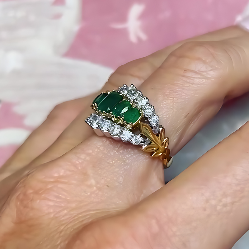 Vintage Emerald Step Cut & Diamond Two-Tone Gold Eternity Band