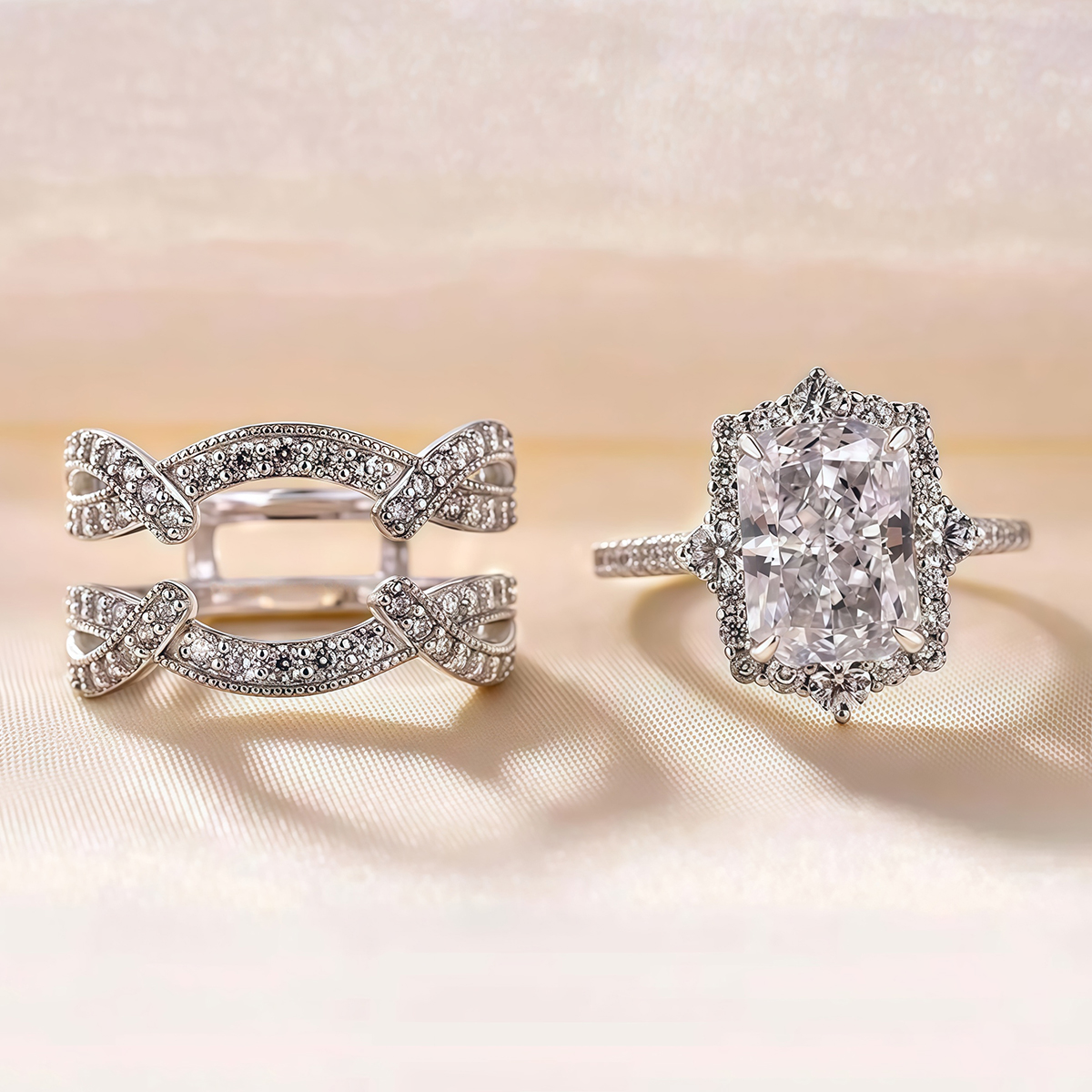 Radiant Cut Ring With Halo Diamond Matching Double Twisted Pave Set Wrap Enhancer Band / 2pcs