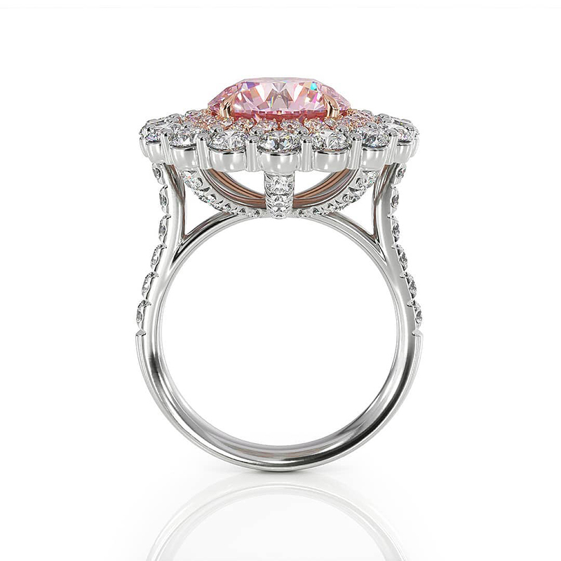 Round Brilliant Cut Pink Sapphire & Double Halo Engagement Ring