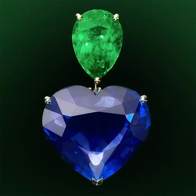 Heart Cut Blue Sapphire & Pear Cut Emerald Drop Earrings