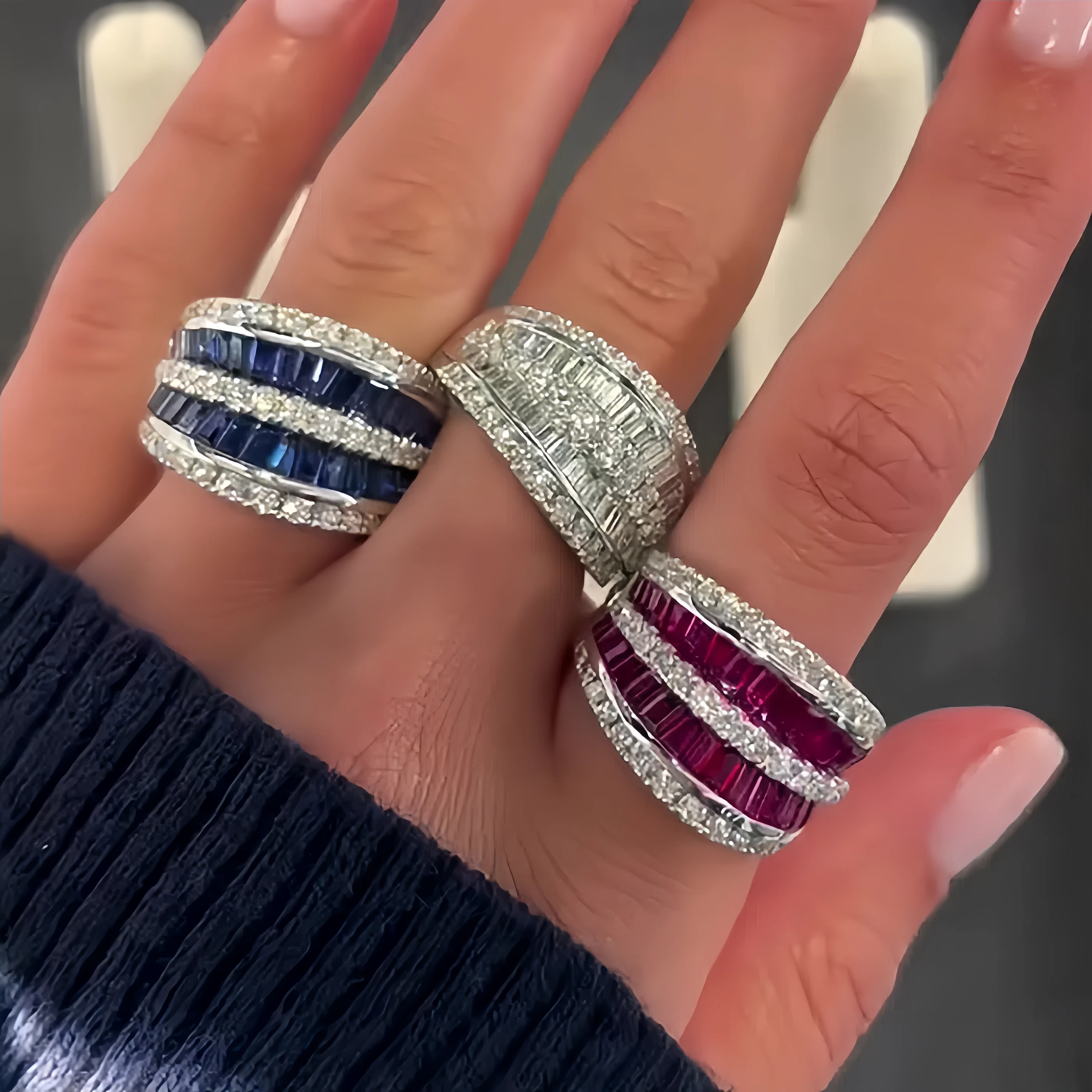 4ct Emerald&Round Cut Five Row Diamond Wedding Band