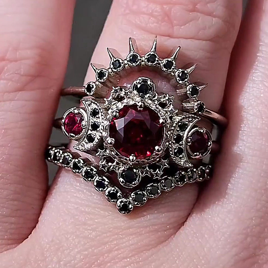 3ct Blood Moon Round Cut Ruby&Black Sapphire Wedding Set/3pcs