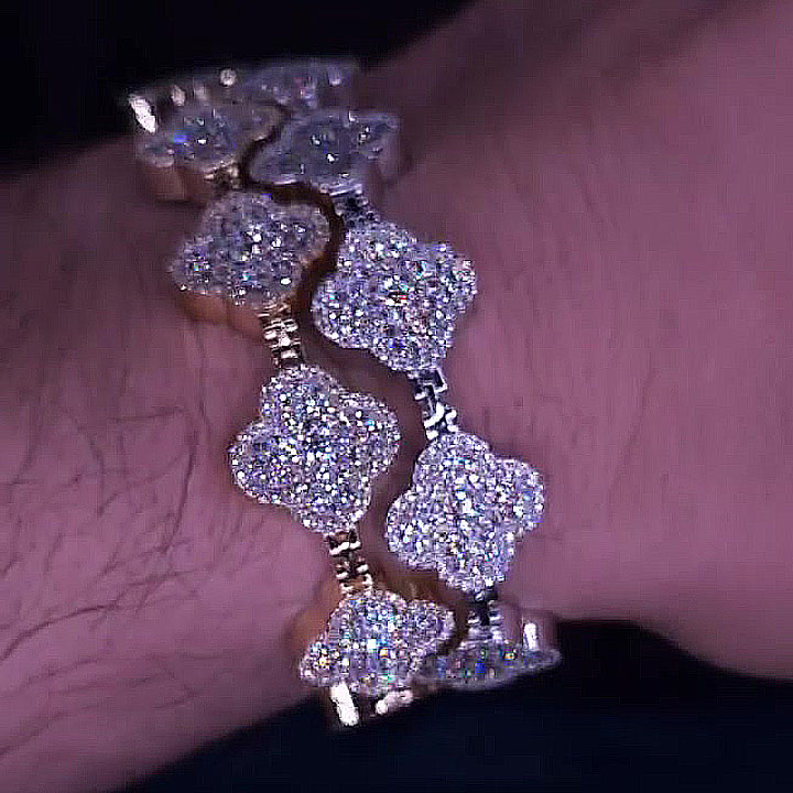 Four Leaf Clover Round Cut White Sapphire Bracelet for Men