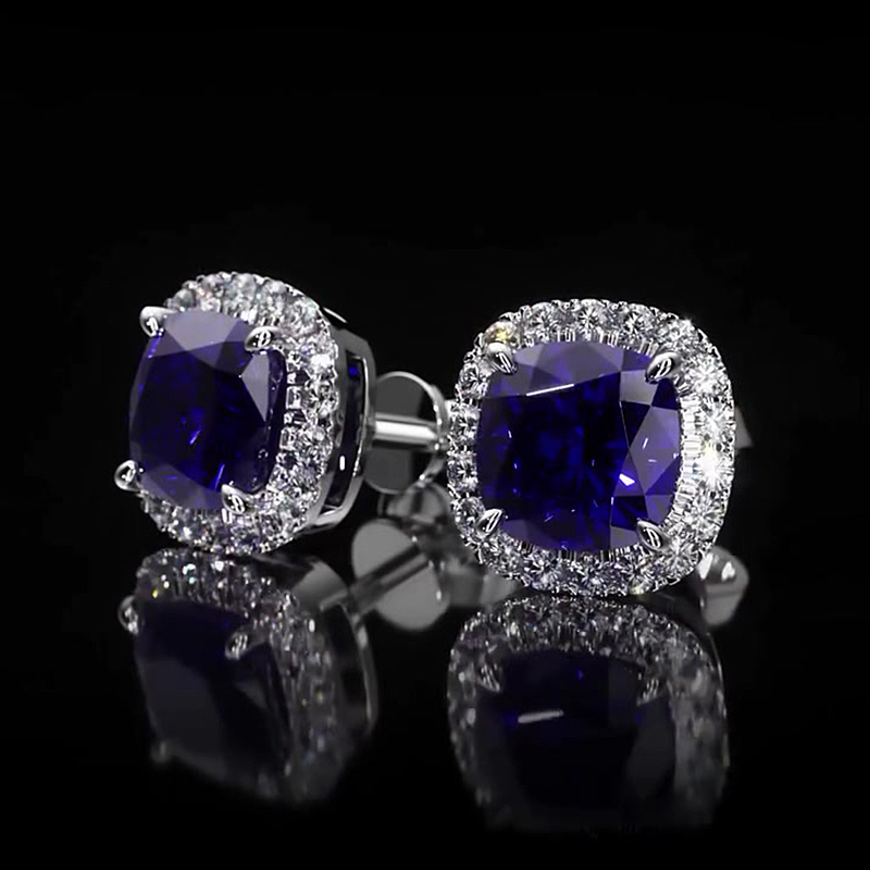 Blue Sapphire Cushion Cut Halo Stud Earrings