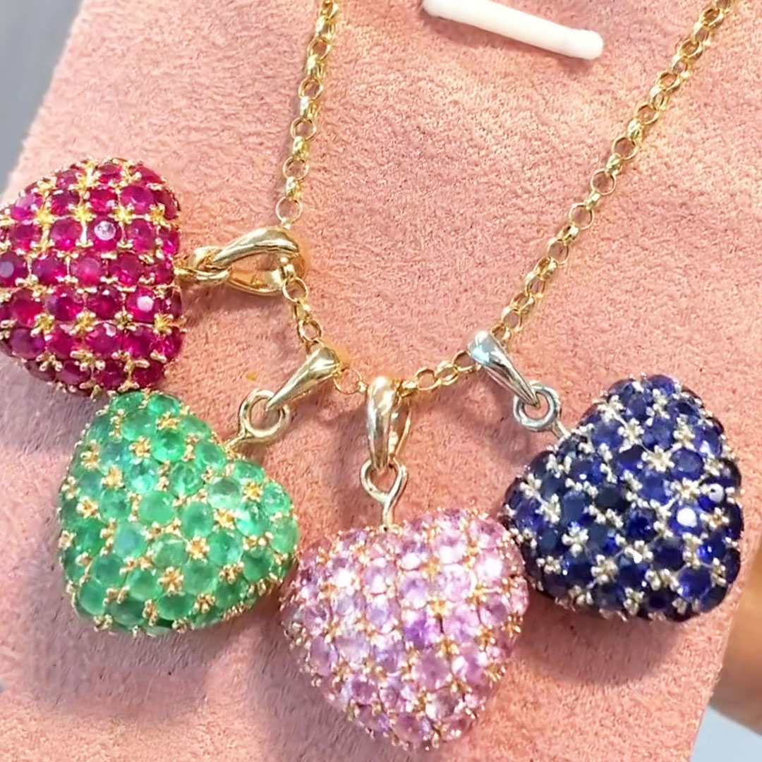 Round Cut Mulit-color Puffy Heart Pendant Necklaces