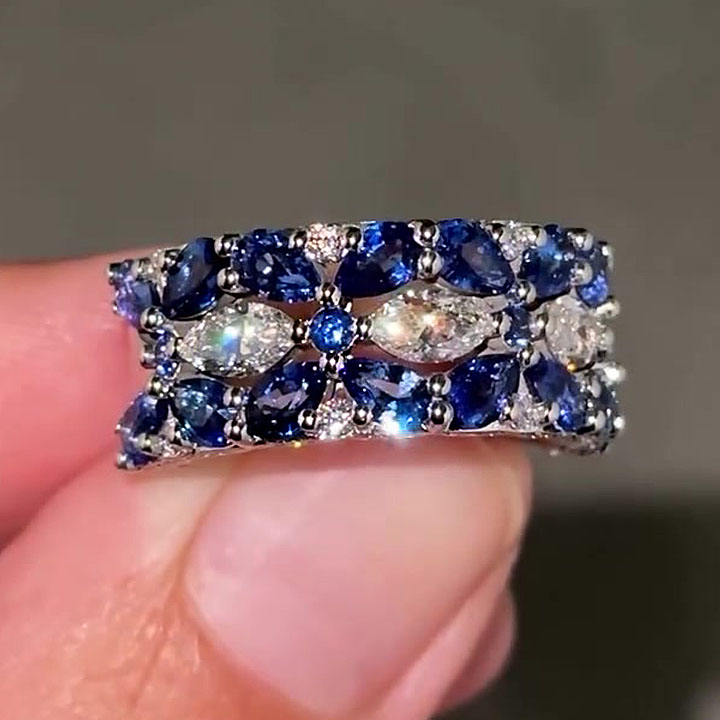 5.25ct Multi-Cut Blue&White Sapphire Wedding Band