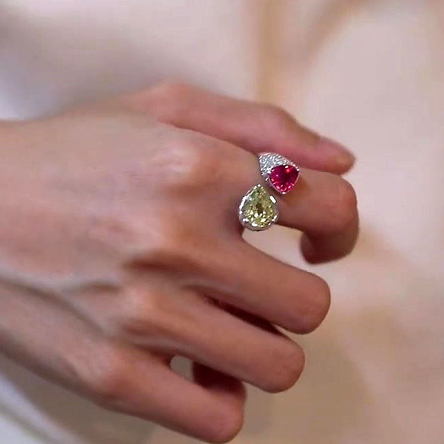 6.75ct Pear Cut Ruby&Yellow Sapphire Toi et Moi Ring