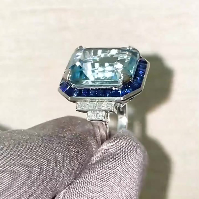 5ct Emerald Cut Aquamarine & Sapphire Cocktail Ring