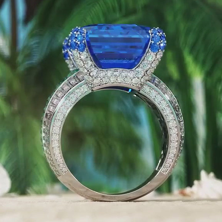 9ct Emerald Cut Blue Sapphire Engagement Ring
