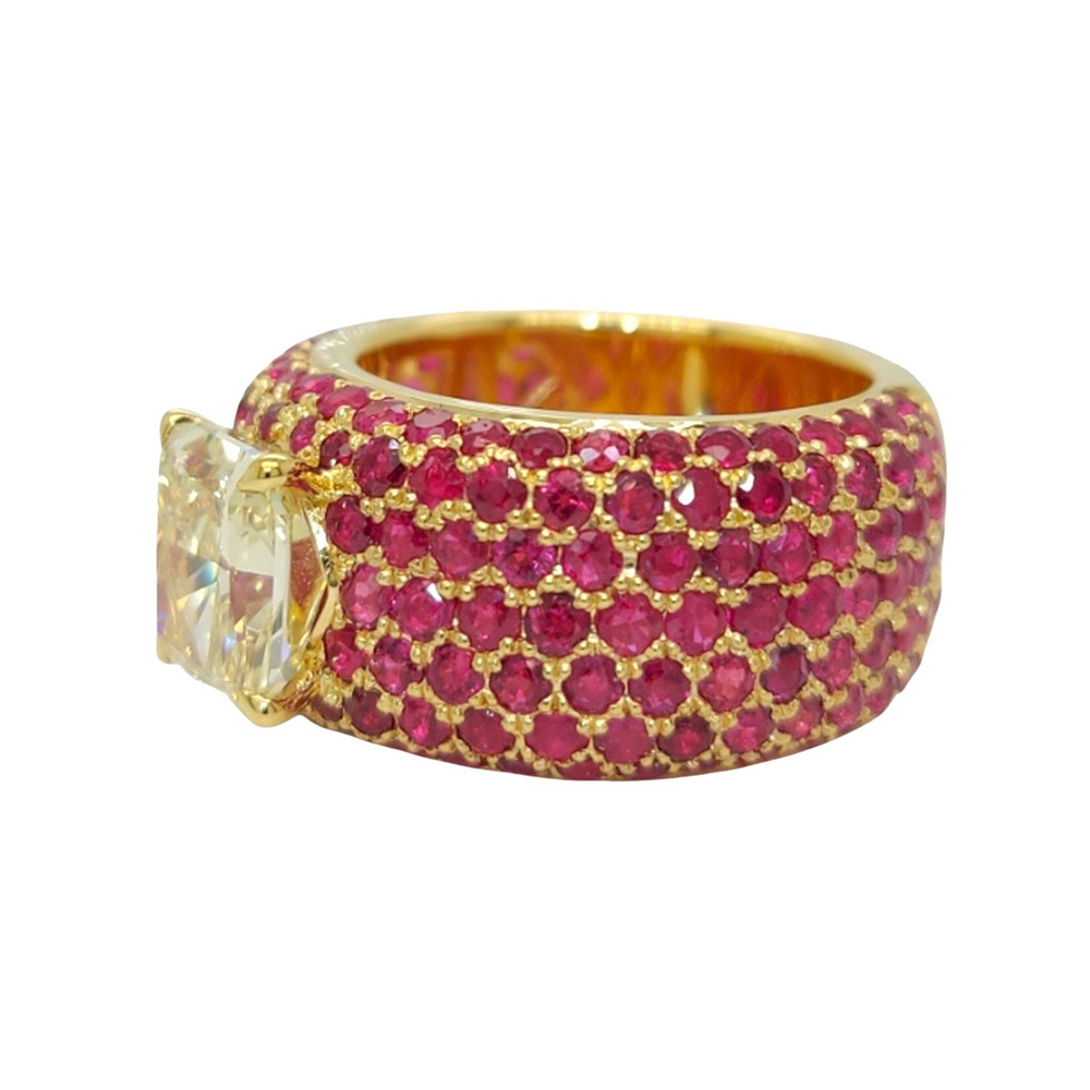 7ct Radiant Cut Fancy Yellow Sapphire Ring &Ruby Paved