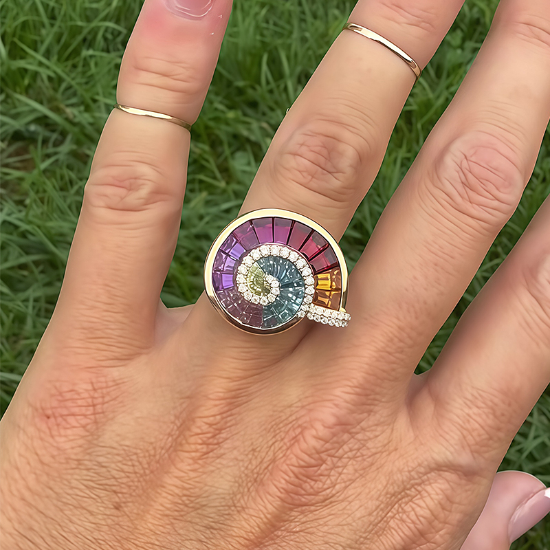 Ammonite Motif Rainbow Sapphire Baguette Cut Statement Band for Men / Women