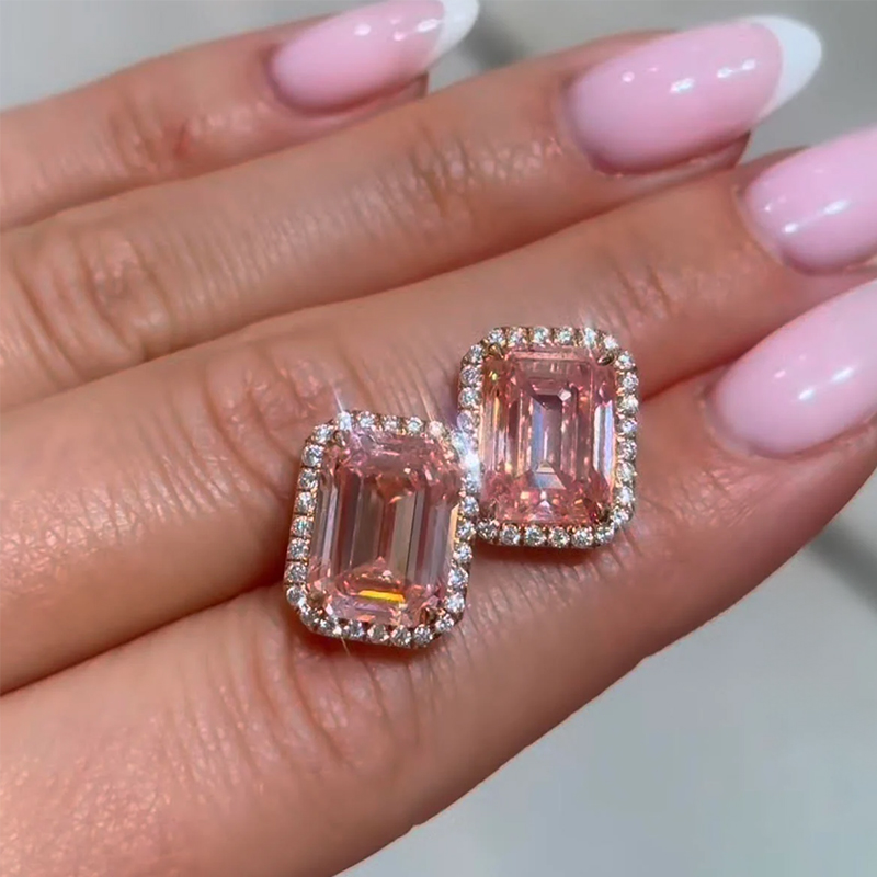 Halo Emerald Cut Pink Sapphire Stud Earrings