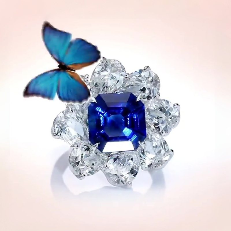 Classic 3ct  Asscher Cut Blue & White Sapphire Engagement Ring