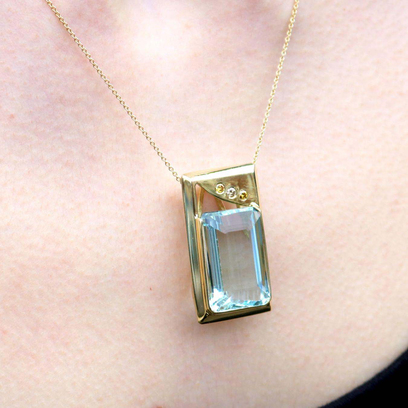 Baguette Cut Aquamarine&Diamond Pendant Necklace